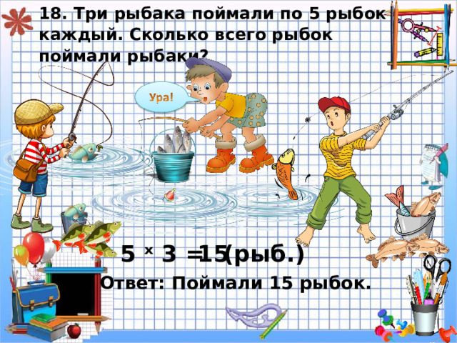 18. Три рыбака поймали по 5 рыбок каждый. Сколько всего рыбок поймали рыбаки? ( рыб.) 15 5 ˣ 3 = Ответ: Поймали 15 рыбок. 