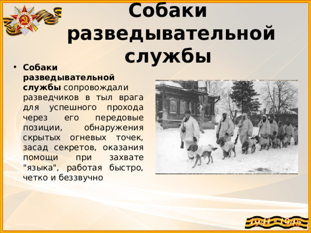 Собаки разведывательной службы   Собаки разведывательной службы  сопровождали разведчиков в тыл врага для успешного прохода через его передовые позиции, обнаружения скрытых огневых точек, засад секретов, оказания помощи при захвате 