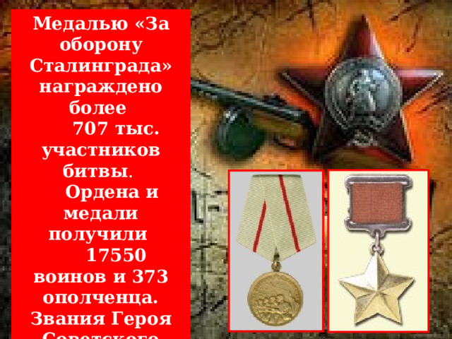  Медалью «За оборону Сталинграда» награждено более  707 тыс. участников битвы .  Ордена и медали получили  17550 воинов и 373  ополченца. Звания Героя Советского Союза удостоены 127 человек 