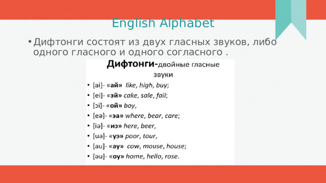 English Alphabet Дифтонги состоят из двух гласных звуков, либо одного гласного и одного согласного . 1 