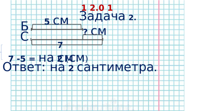 1 2.0 1 Задача  2. 5 см Б ? см С 7 см 7 -5 = на 2 ( см ) Ответ: на 2 сантиметра . 