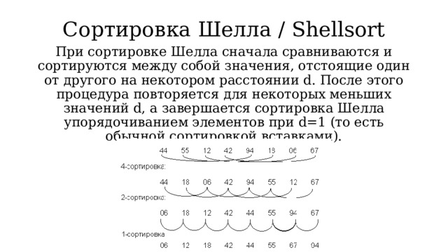 Сортировка Шелла / Shellsort При сортировке Шелла сначала сравниваются и сортируются между собой значения, отстоящие один от другого на некотором расстоянии d. После этого процедура повторяется для некоторых меньших значений d, а завершается сортировка Шелла упорядочиванием элементов при d=1 (то есть обычной сортировкой вставками). 