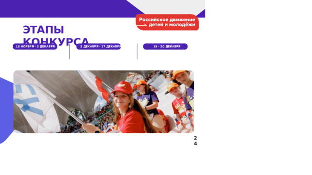 ЭТАПЫ  КОНКУРСА 18  НОЯБРЯ - 3  ДЕКАБРЯ 3  ДЕКАБРЯ  -  17  ДЕКАБРЯ 19  - 20  ДЕКАБРЯ ВСЕРОССИЙСКОЕ  ГОЛОСОВАНИЕ. ТОП-10  ПОПУЛЯРНЫХ  НАЗВАНИЙ РАЗРАБОТКА ЭКСПЕРТАМИ  КОНЦЕПЦИЙ  3  НАЗВАНИЙ-ЛИДЕРОВ ВЫБОР  ДЕЛЕГАТАМИ  ПЕРВОГО  СЪЕЗДА РДДМ ИТОГОВОГО  НАЗВАНИЯ 24 