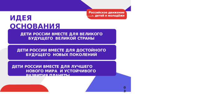 ИДЕЯ  ОСНОВАНИЯ ДЕТИ  РОССИИ  ВМЕСТЕ  ДЛЯ  ВЕЛИКОГО  БУДУЩЕГО ВЕЛИКОЙ  СТРАНЫ ДЕТИ  РОССИИ  ВМЕСТЕ  ДЛЯ  ДОСТОЙНОГО  БУДУЩЕГО НОВЫХ  ПОКОЛЕНИЙ ДЕТИ  РОССИИ  ВМЕСТЕ  ДЛЯ  ЛУЧШЕГО  НОВОГО  МИРА И  УСТОЙЧИВОГО  РАЗВИТИЯ  ПЛАНЕТЫ 03 