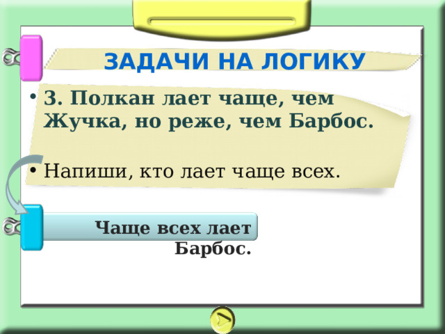 ЗАДАЧИ НА ЛОГИКУ 3. Полкан лает чаще, чем Жучка, но реже, чем Барбос. Напиши, кто лает чаще всех.    Чаще всех лает Барбос. 