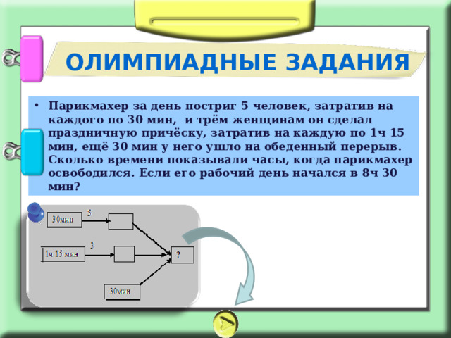 ОЛИМПИАДНЫЕ ЗАДАНИЯ Парикмахер за день постриг 5 человек, затратив на каждого по 30 мин, и трём женщинам он сделал праздничную причёску, затратив на каждую по 1ч 15 мин, ещё 30 мин у него ушло на обеденный перерыв. Сколько времени показывали часы, когда парикмахер освободился. Если его рабочий день начался в 8ч 30 мин? 