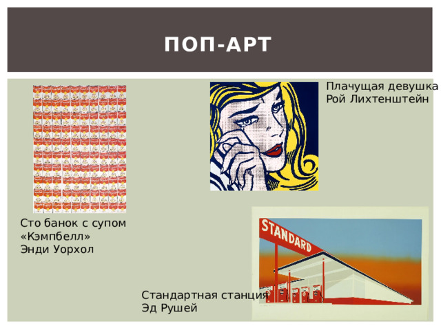 Поп-арт Плачущая девушка Рой Лихтенштейн Сто банок с супом «Кэмпбелл» Энди Уорхол Стандартная станция Эд Рушей 