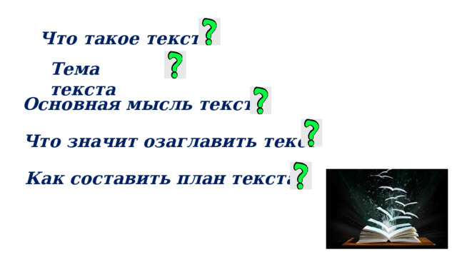 Что такое текст Тема текста Основная мысль текста Что значит озаглавить текст Как составить план текста 