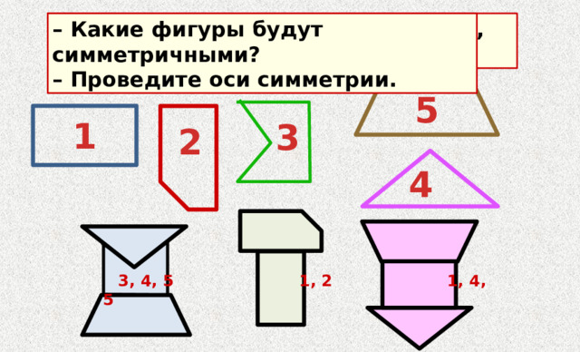 Назовите номера многоугольников, из которых составлены фигуры. – Какие фигуры будут симметричными? – Проведите оси симметрии. 5 1 3 2 4  3, 4, 5 1, 2 1, 4, 5  