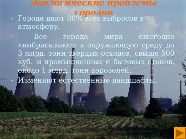 Экологические проблемы городов Города дают 80% всех выбросов в атмосферу.  Все города мира ежегодно «выбрасывают» в окружающую среду до 3 млрд. тонн твердых отходов, свыше 500 куб. м промышленных и бытовых стоков, около 1 млрд. тонн аэрозолей. Изменяют естественные ландшафты. 