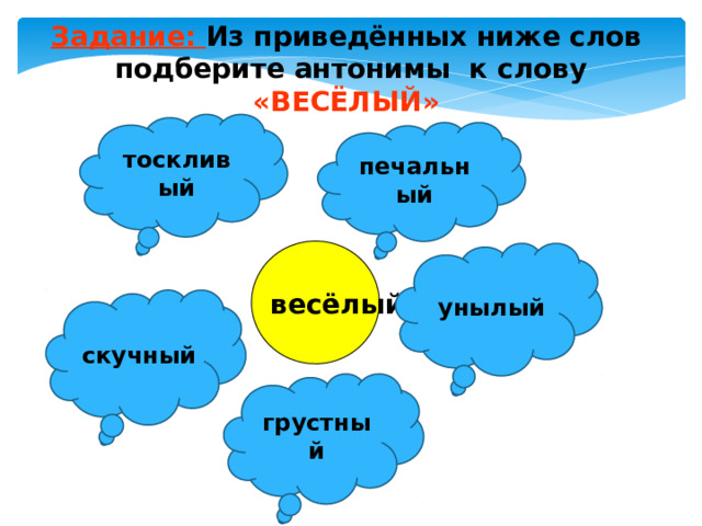 Задание: Из приведённых ниже слов подберите антонимы к слову  «ВЕСЁЛЫЙ» тоскливый печальный весёлый унылый скучный грустный 