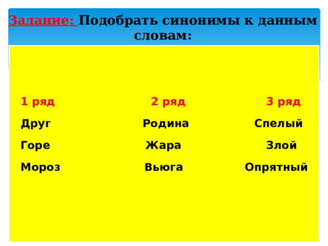 Задание: Подобрать синонимы к данным словам:   1 ряд 2 ряд 3 ряд Друг Родина Спелый Горе Жара Злой Мороз Вьюга Опрятный  