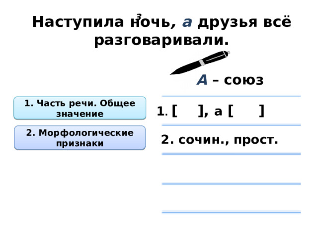 Наступила ночь , а  друзья всё разговаривали. 3 А – союз 1. Часть речи. Общее значение 1 . [ ], а [ ] 2. Морфологические признаки 2. сочин., прост.  