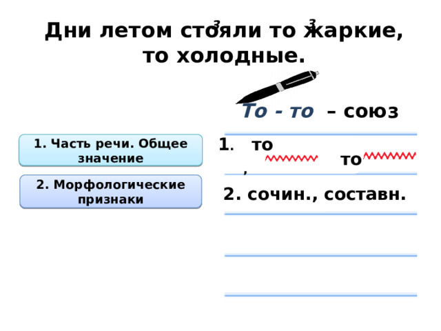 Дни летом стояли то жаркие, то холодные. 3 3 То - то – союз 1. Часть речи. Общее значение 1 . то ,   то  2. Морфологические признаки 2. сочин., составн.  