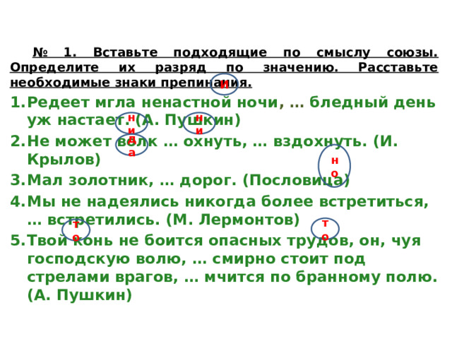 № 1. Вставьте подходящие по смыслу союзы. Определите их разряд по значению. Расставьте необходимые знаки препинания. Редеет мгла ненастной ночи , …  бледный день уж настает. (А. Пушкин) Не может волк … охнуть, … вздохнуть. (И. Крылов) Мал золотник, … дорог. (Пословица) Мы не надеялись никогда более встретиться, … встретились. (М. Лермонтов) Твой конь не боится опасных трудов, он, чуя господскую волю, … смирно стоит под стрелами врагов, … мчится по бранному полю. (А. Пушкин) И ни ни да но то то 