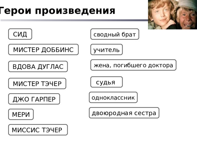 Герои произведения СИД сводный брат МИСТЕР ДОББИНС учитель жена, погибшего доктора ВДОВА ДУГЛАС судья МИСТЕР ТЭЧЕР одноклассник ДЖО ГАРПЕР двоюродная сестра МЕРИ МИССИС ТЭЧЕР 