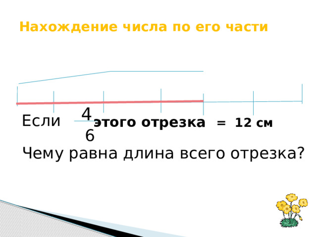 Нахождение числа по его части 4 Если  этого отрезка = 12 см 6 Чему равна длина всего отрезка? 