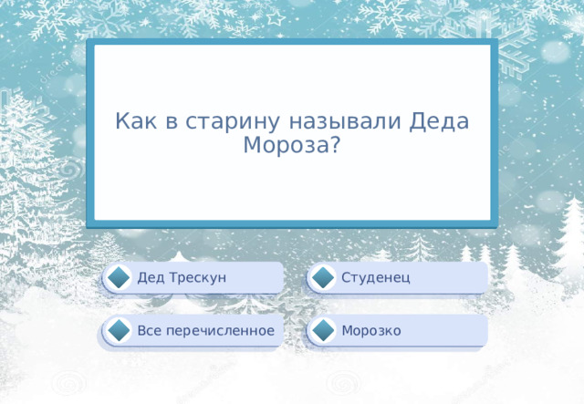 Как в старину называли Деда Мороза? Студенец Дед Трескун Морозко Все перечисленное 