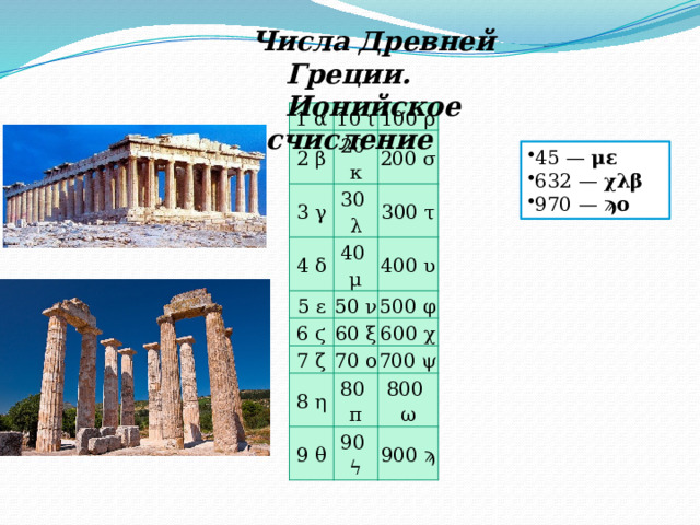 Числа Древней Греции. Ионийское счисление 1 α 10 ι 2 β 20 κ 3 γ 100 ρ 200 σ 30 λ 4 δ 40 μ 5 ε 300 τ 400 υ 50 ν 6 ϛ 60 ξ 500 φ 7 ζ 70 ο 600 χ 8 η 700 ψ 80 π 9 θ 800 ω 90 ϟ 900 ϡ 45 —  με 632 —  χλβ 970 —  ϡο 