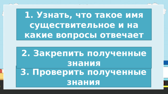 1. Узнать, что такое имя существительное и на какие вопросы отвечает 2. Закрепить полученные знания 3. Проверить полученные знания 