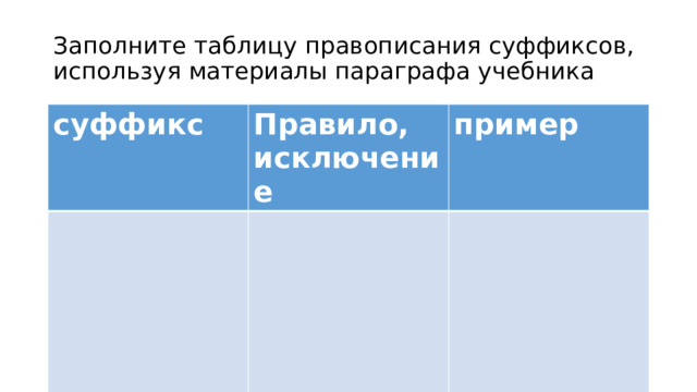Заполните таблицу правописания суффиксов, используя материалы параграфа учебника суффикс Правило, исключение пример 