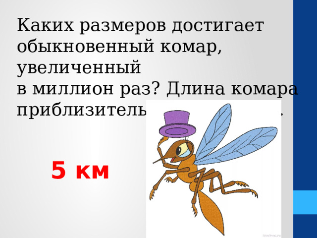 Каких размеров достигает обыкновенный комар, увеличенный в миллион раз? Длина комара приблизительно равна 5 мм. 5 км 