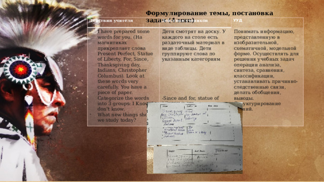 Формулирование темы, постановка задач (4 мин) Действия учителя Действия учеников I have prepared some words for you. (На магнитиках прикрепляет слова Present Perfect, Statue of Liberty, For, Since, Thanksgiving day, Indians, Christopher Columbus). Look at these words very carefully. You have a piece of paper. Categorize the words into 3 groups: I Know, I don’t know. What new things should we study today? УУД Дети смотрят на доску. У каждого на столе есть раздаточный материал в виде таблицы. Дети группируют слова по указанным категориям Понимать информацию, представленную в изобразительной, схематичной, модельной форме. Осуществлять для решения учебных задач операции анализа, синтеза, сравнения, классификации, устанавливать причинно-следственные связи, делать обобщения, выводы. Структурирование знаний.   -Since and for, statue of Liberty 