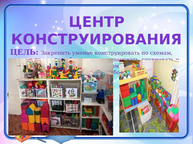 Центр конструирования Цель: Закрепить умение конструировать по схемам, развивать умение наблюдать, анализировать, сравнивать и сопоставлять предметы по признакам, развивать творческие способности детей в свободной игровой деятельности.  