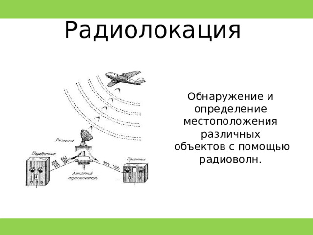 Радиолокация Обнаружение и определение местоположения различных  объектов с помощью радиоволн. 