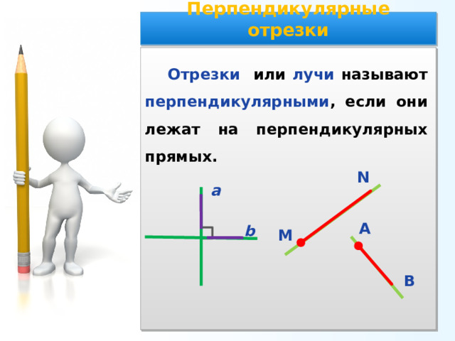 Перпендикулярные отрезки Отрезки или лучи называют перпендикулярными , если они лежат на перпендикулярных прямых. N а А b М В 