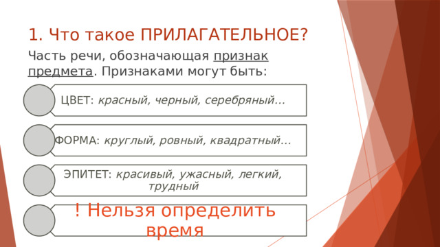 ЦВЕТ: красный, черный, серебряный… ФОРМА: круглый, ровный, квадратный… ЭПИТЕТ: красивый, ужасный, легкий, трудный ! Нельзя определить время 1. Что такое ПРИЛАГАТЕЛЬНОЕ? Часть речи, обозначающая признак предмета . Признаками могут быть: 