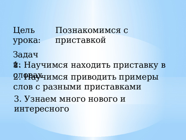 Познакомимся с приставкой Цель урока: Задачи: 1. Научимся находить приставку в словах 2. Научимся приводить примеры слов с разными приставками 3. Узнаем много нового и интересного 