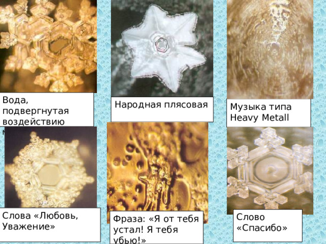 . Вода, подвергнутая воздействию музыки И.С. Баха Народная плясовая Музыка типа Heavy Metall Слова «Любовь, Уважение» Слово «Спасибо» Фраза: «Я от тебя устал! Я тебя убью!» ебя убью!» 