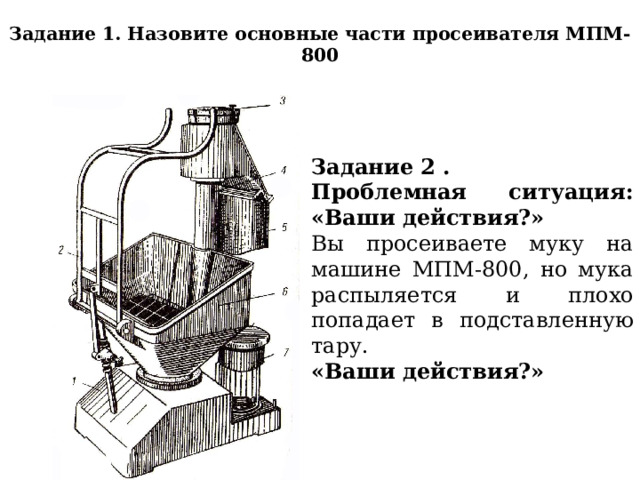 Задание 1. Назовите основные части просеивателя МПМ-800   Задание 2 . Проблемная ситуация: «Ваши действия?» Вы просеиваете муку на машине МПМ-800, но мука распыляется и плохо попадает в подставленную тару. «Ваши действия?» 