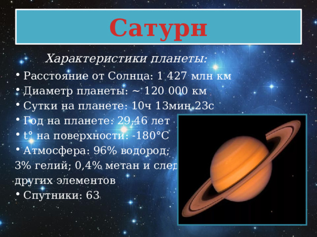 Сатурн Характеристики планеты: Расстояние от Солнца: 1 427 млн км Диаметр планеты: ~ 120 000 км Сутки на планете: 10ч 13мин 23с Год на планете: 29,46 лет t° на поверхности: -180°C Атмосфера: 96% водород; 3% гелий; 0,4% метан и следы других элементов Спутники: 63 