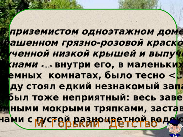   В приземистом одноэтажном доме «окрашенном грязно-розовой краской, с  нахлобученной низкой крышей и выпученными окнами   внутри его, в маленьких полутемных комнатах, было тесно  и всюду стоял едкий незнакомый запах. Двор был тоже неприятный: весь завешен огромными мокрыми тряпками, заставлен чанами с густой разноцветной водою».   