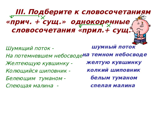  III . Подберите к словосочетаниям «прич. + сущ.» однокоренные словосочетания «прил.+ сущ.».  Шумящий поток - На потемневшем небосводе - Желтеющую кувшинку - Колющийся шиповник - Белеющим туманом - Спеющая малина - шумный поток на темном небосводе желтую кувшинку колкий шиповник белым туманом спелая малина  