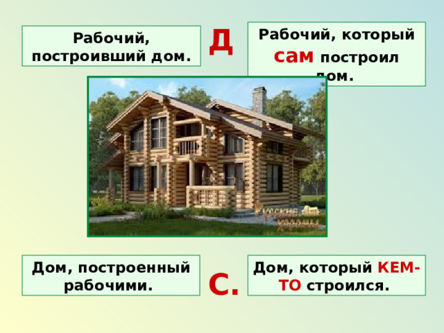 Д. Рабочий, который сам построил дом. Рабочий, построивший дом. Дом, построенный рабочими. Дом, который КЕМ-ТО строился. С. 