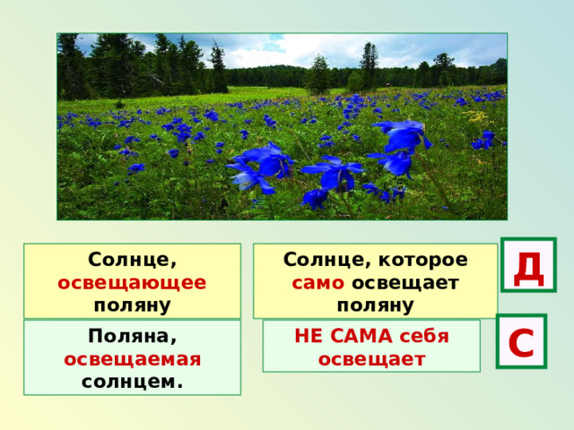 Д Солнце, освещающее поляну Солнце, которое само освещает поляну С Поляна, освещаемая солнцем. НЕ САМА себя освещает 