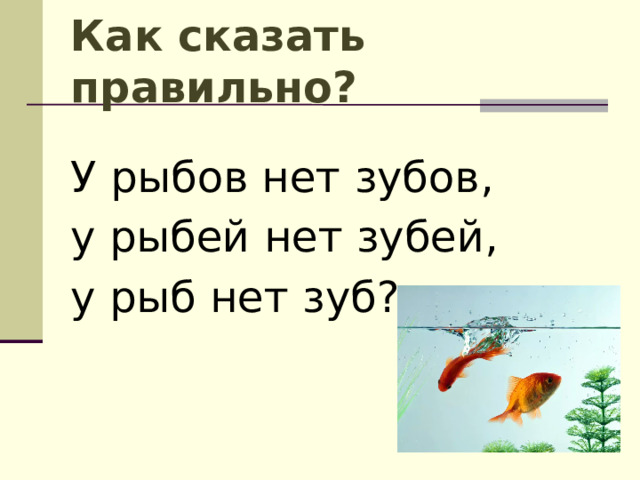 Как сказать правильно? У рыбов нет зубов, у рыбей нет зубей, у рыб нет зуб? 