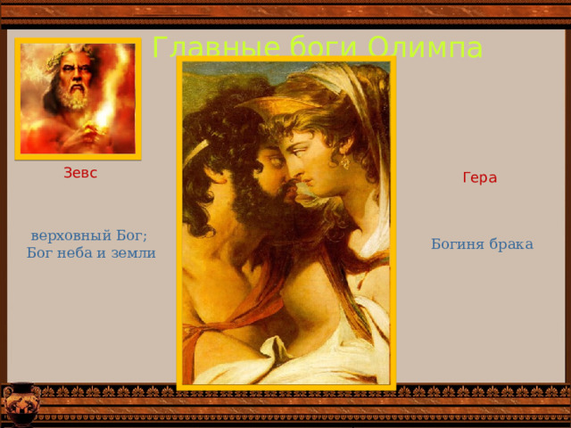 Главные боги Олимпа Зевс Гера верховный Бог; Бог неба и земли Богиня брака 