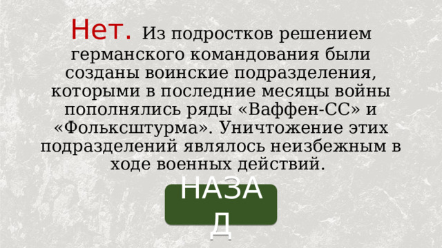 Нет.  Из подростков решением германского командования были созданы воинские подразделения, которыми в последние месяцы войны пополнялись ряды «Ваффен-СС» и «Фольксштурма». Уничтожение этих подразделений являлось неизбежным в ходе военных действий. НАЗАД 