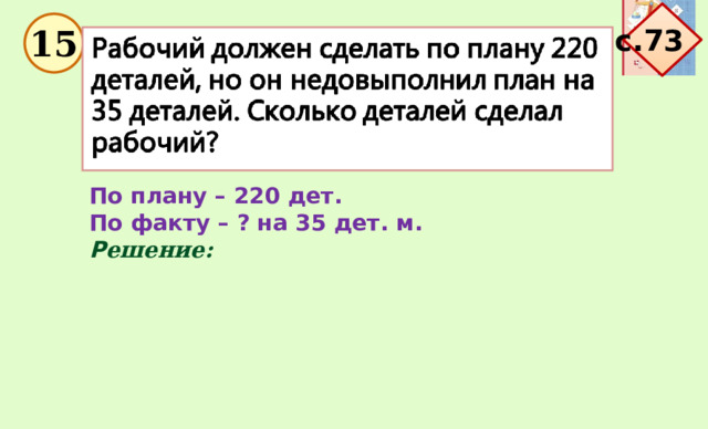 с.73 15 По плану – 220 дет. По факту – ? на 35 дет. м . Р ешение:  