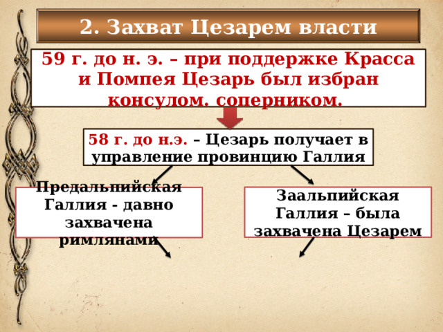 2. Захват Цезарем власти 59 г. до н. э. – при поддержке Красса и Помпея Цезарь был избран консулом. соперником. 58 г. до н.э. – Цезарь получает в управление провинцию Галлия Заальпийская Галлия – была захвачена Цезарем Предальпийская Галлия - давно захвачена римлянами 