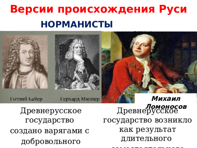 Версии происхождения Руси НОРМАНИСТЫ   АНТИНОРМАНИСТЫ Михаил Ломоносов Древнерусское государство Древнерусское государство возникло как результат длительного создано варягами с самостоятельного развития. добровольного согласия славян . 