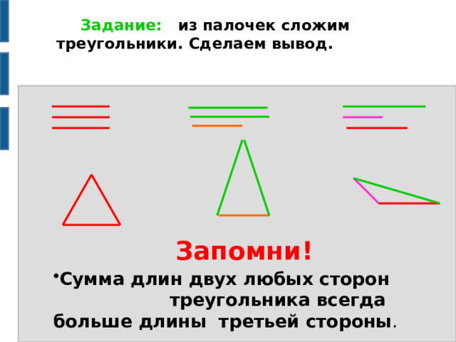  Задание: из палочек сложим треугольники. Сделаем вывод. Запомни! Сумма длин двух любых сторон треугольника всегда больше длины третьей стороны . 