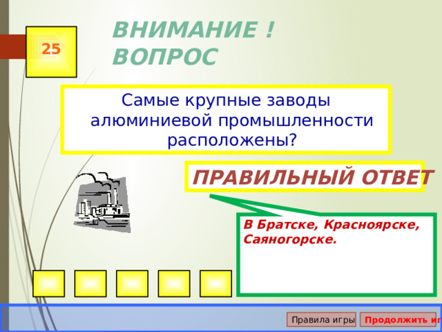 В Братске, Красноярске, Саяногорске. ВНИМАНИЕ ! ВОПРОС 25 Самые крупные заводы алюминиевой промышленности расположены? Правильный ответ Правила игры Продолжить игру 