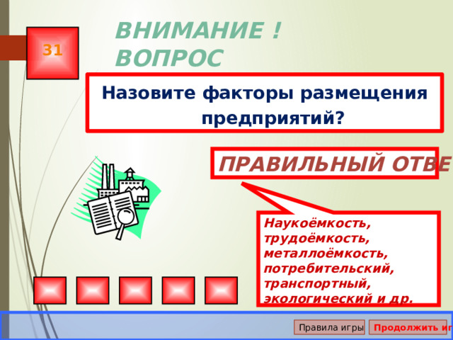 Наукоёмкость, трудоёмкость, металлоёмкость, потребительский, транспортный, экологический и др. ВНИМАНИЕ ! ВОПРОС 31 Назовите факторы размещения предприятий? Правильный ответ Правила игры Продолжить игру 