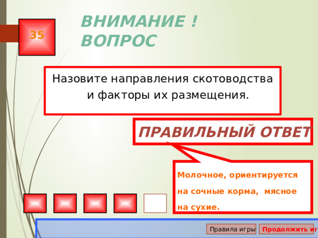 Молочное, ориентируется на сочные корма, мясное на сухие. ВНИМАНИЕ ! ВОПРОС 35 Назовите направления скотоводства и факторы их размещения. Правильный ответ Правила игры Продолжить игру 