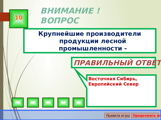 Восточная Сибирь, Европейский Север ВНИМАНИЕ ! ВОПРОС 10 Крупнейшие производители продукции лесной промышленности - Правильный ответ Правила игры Продолжить игру 